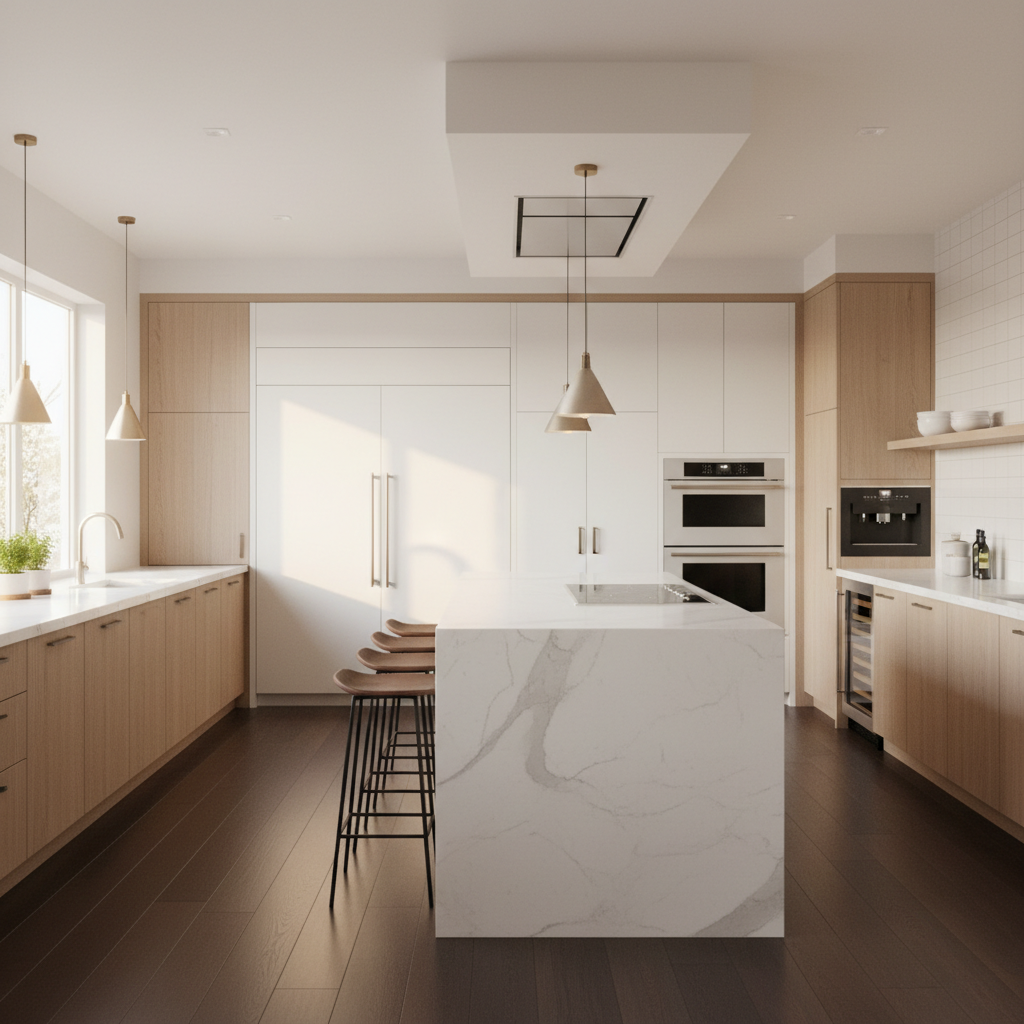 Bright upscale kitchen with integrated Viking-style appliances
