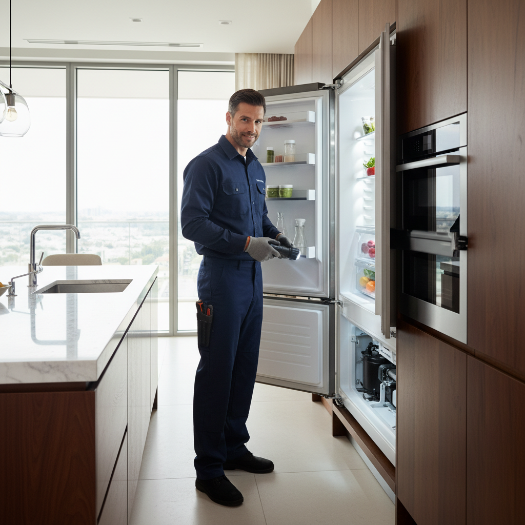 Professional appliance repair technician inspecting a built-in refrigerator